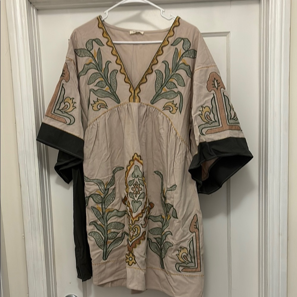 Sunday Up Cream dress with Green and Gold Embroidery